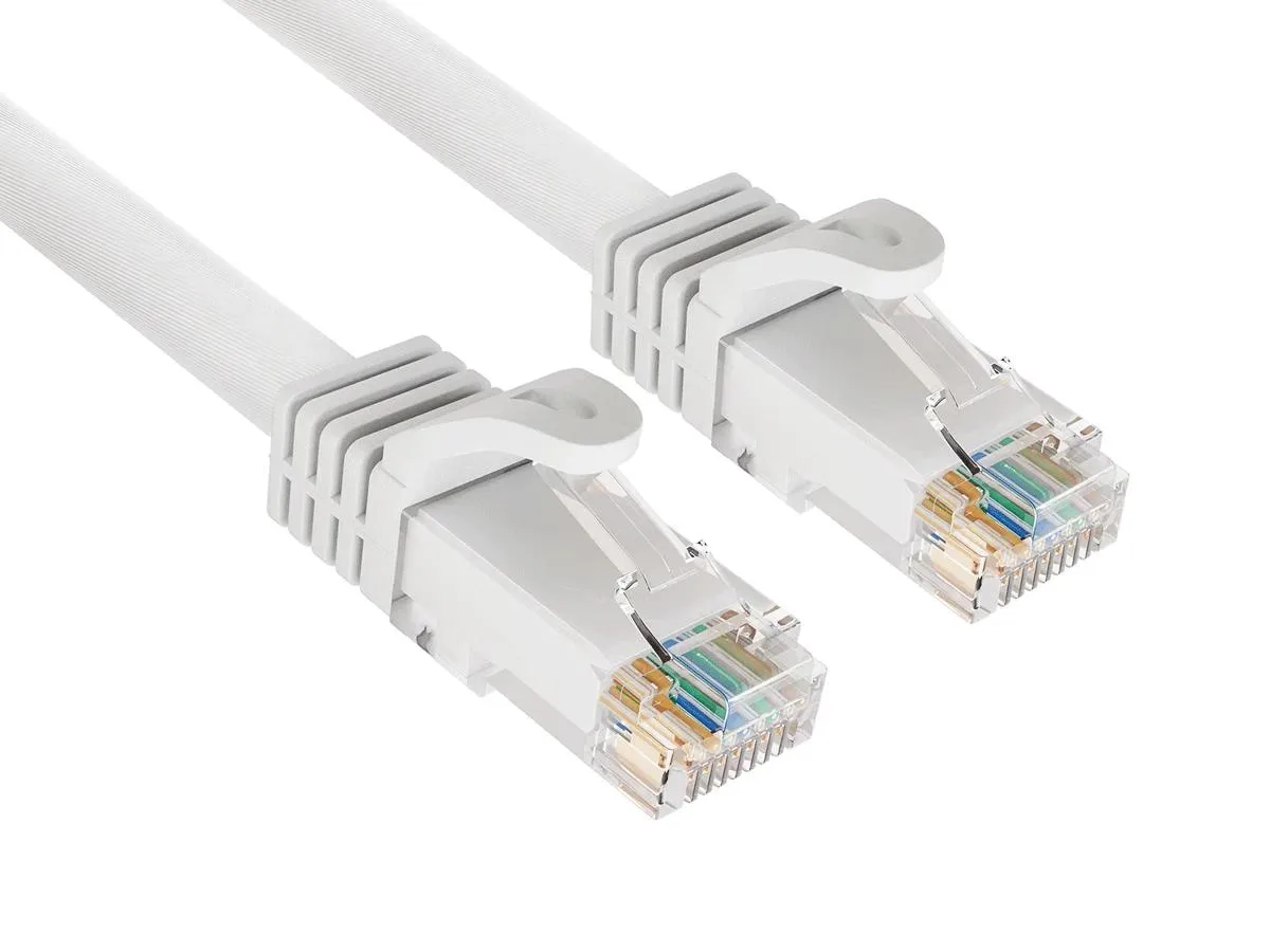 Short white Cat6a patch cable with snagless RJ45 connectors on both ends
