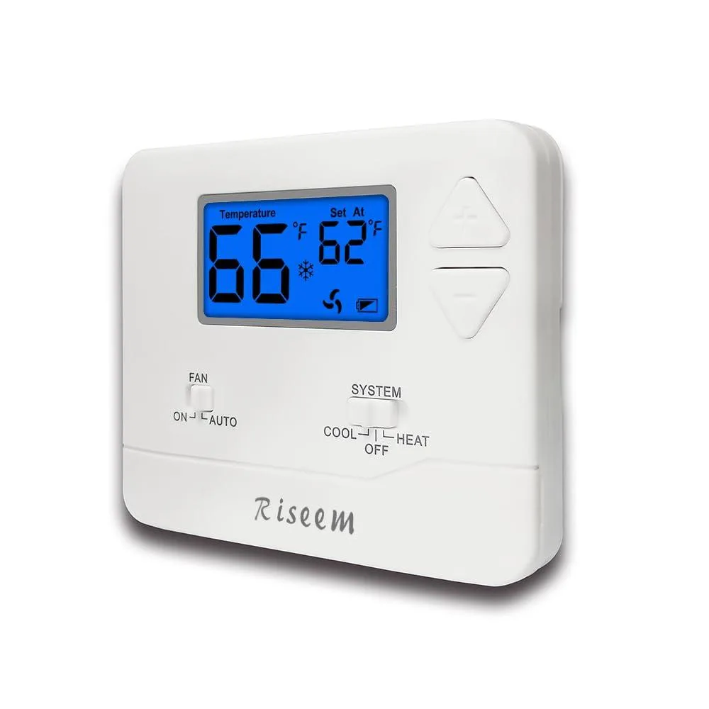 Twelve blue wall thermostats with LCD backlighting, push-button controls, and mounting hardware