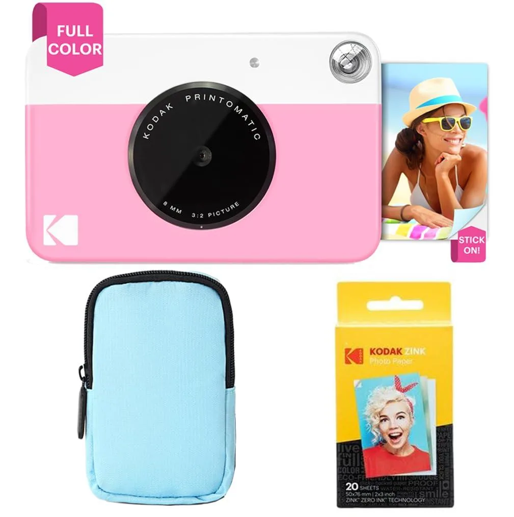 Pink Kodak Printomatic instant camera bundle with soft case and 20 Zink photo paper packs