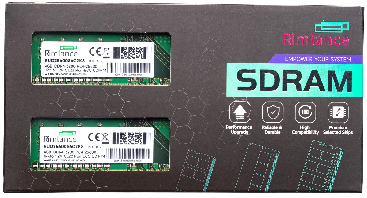 RIMLANCE RIMLANCE RUD25600S6C2K8 8GB (2x4GB) DDR4 3200 CL22 desktop RAM — product photo