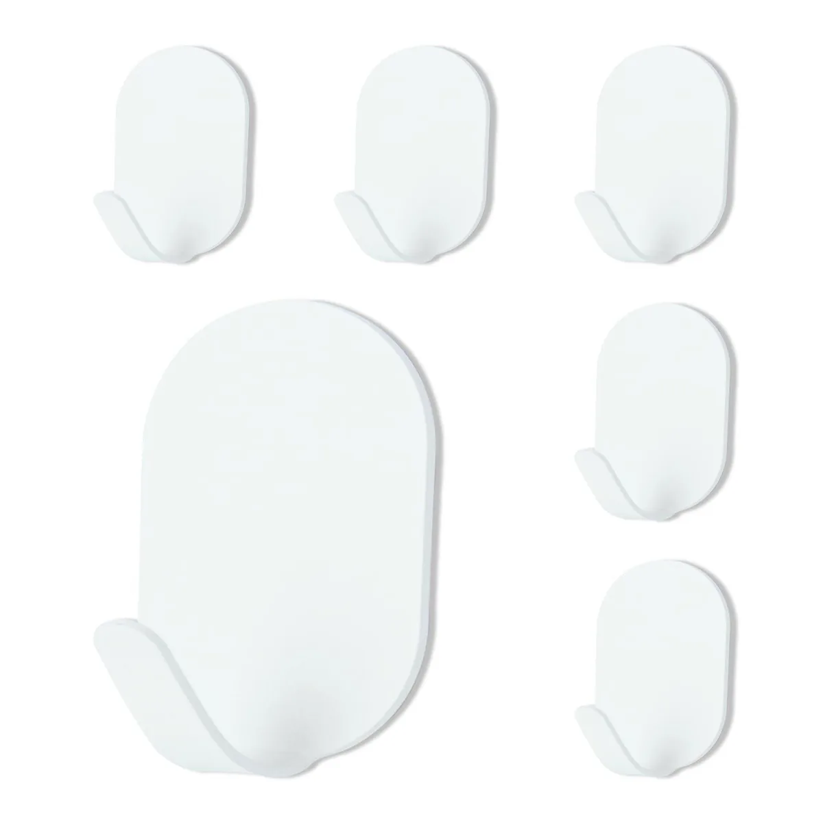 Six white stainless steel adhesive hooks in a row