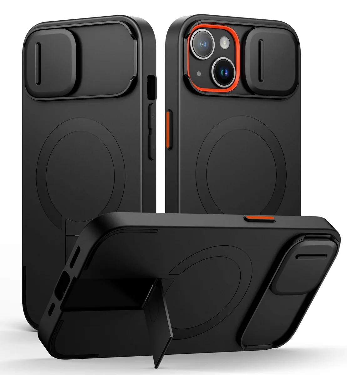 Black iPhone 13/14 case with sliding camera cover and fold-out kickstand