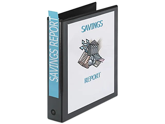 Black 1-1/2 inch round-ring view binder with clear overlay cover and interior pockets