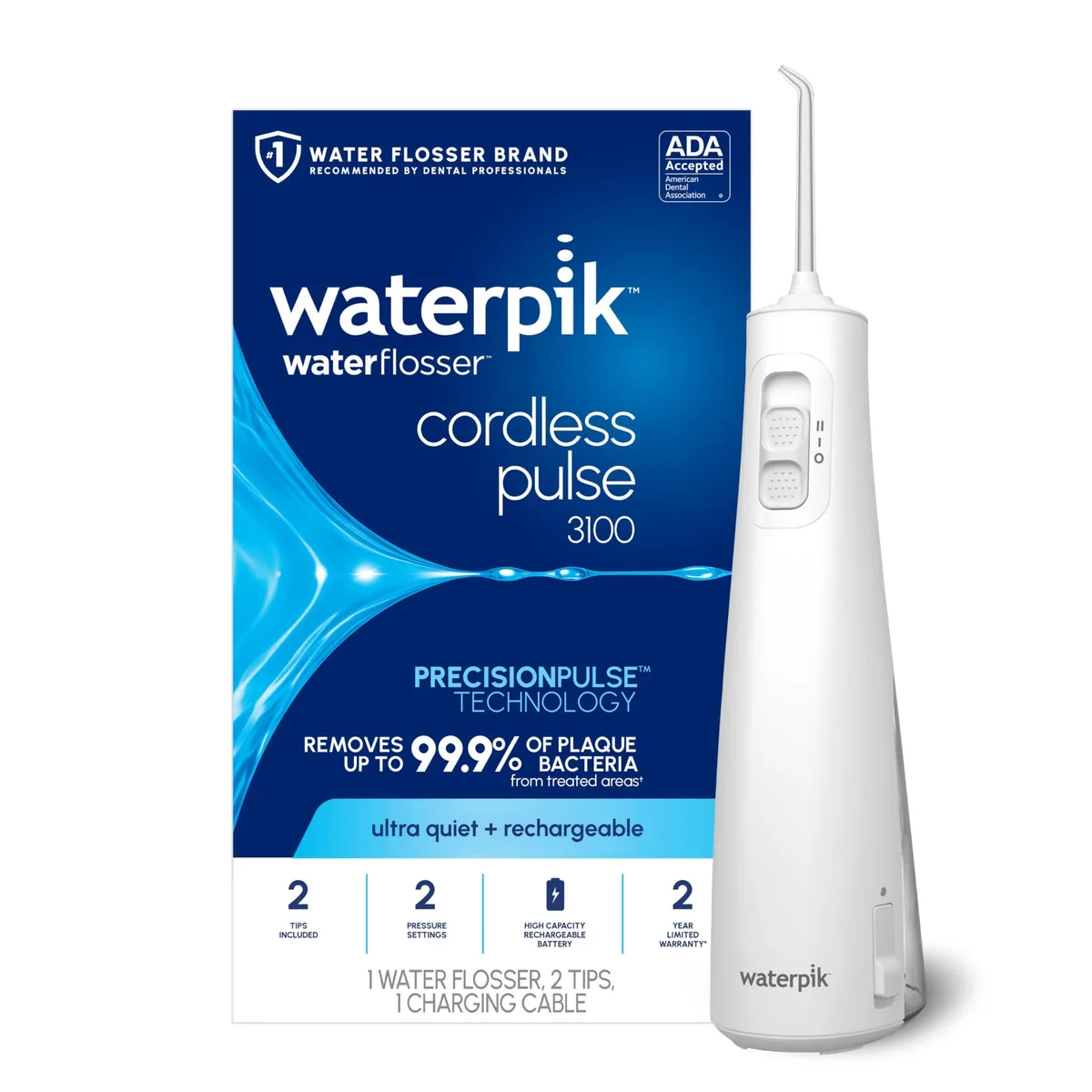 White cordless water flosser with removable reservoir and two tips
