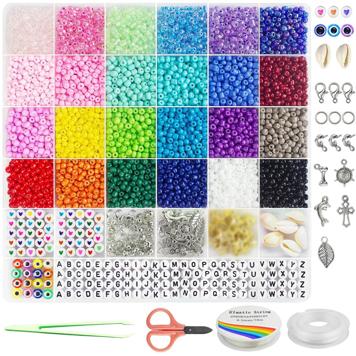  Redtwo-4mm Glass Seed Beads Kit 3400pcs 4mm 24 colors 170 charms — product photo