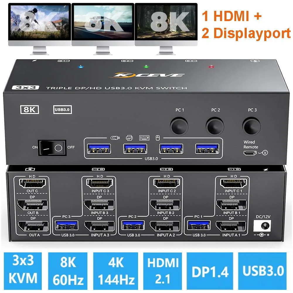 IHDAPP IHDAPP 303DH KVM Switch 3×3 8K@60Hz 4K@144Hz HDMI+2DP USB 3.0 — product photo