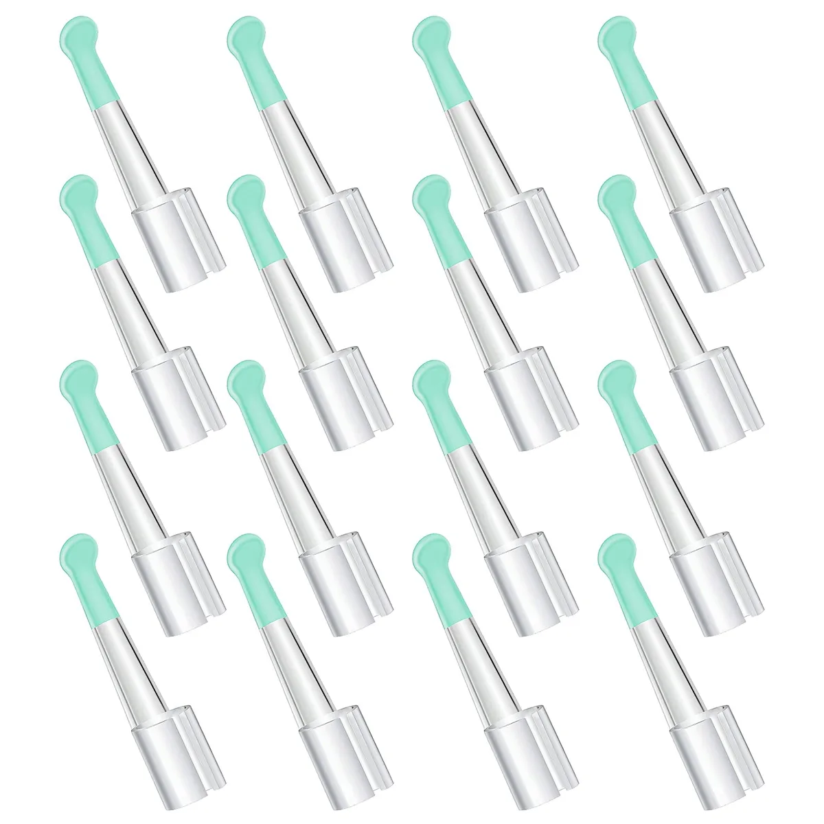 Sixteen light green ear spoon tips with silicone ends and acrylic handles, long size