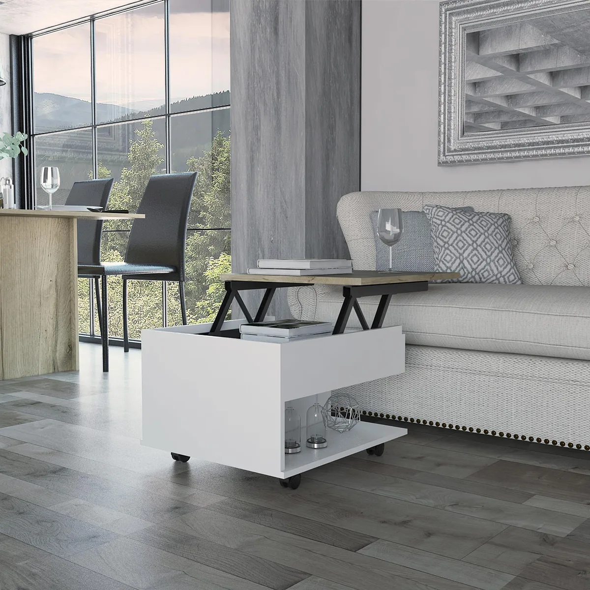 Rectangular multicolour particle-board coffee table with lift top, concealed storage and lockable wheels