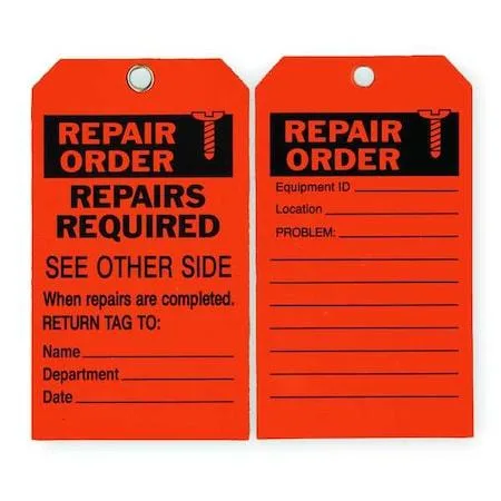 Pack of ten orange rectangular polyester repair tags, seven inches tall, with metal-reinforced holes and cable ties