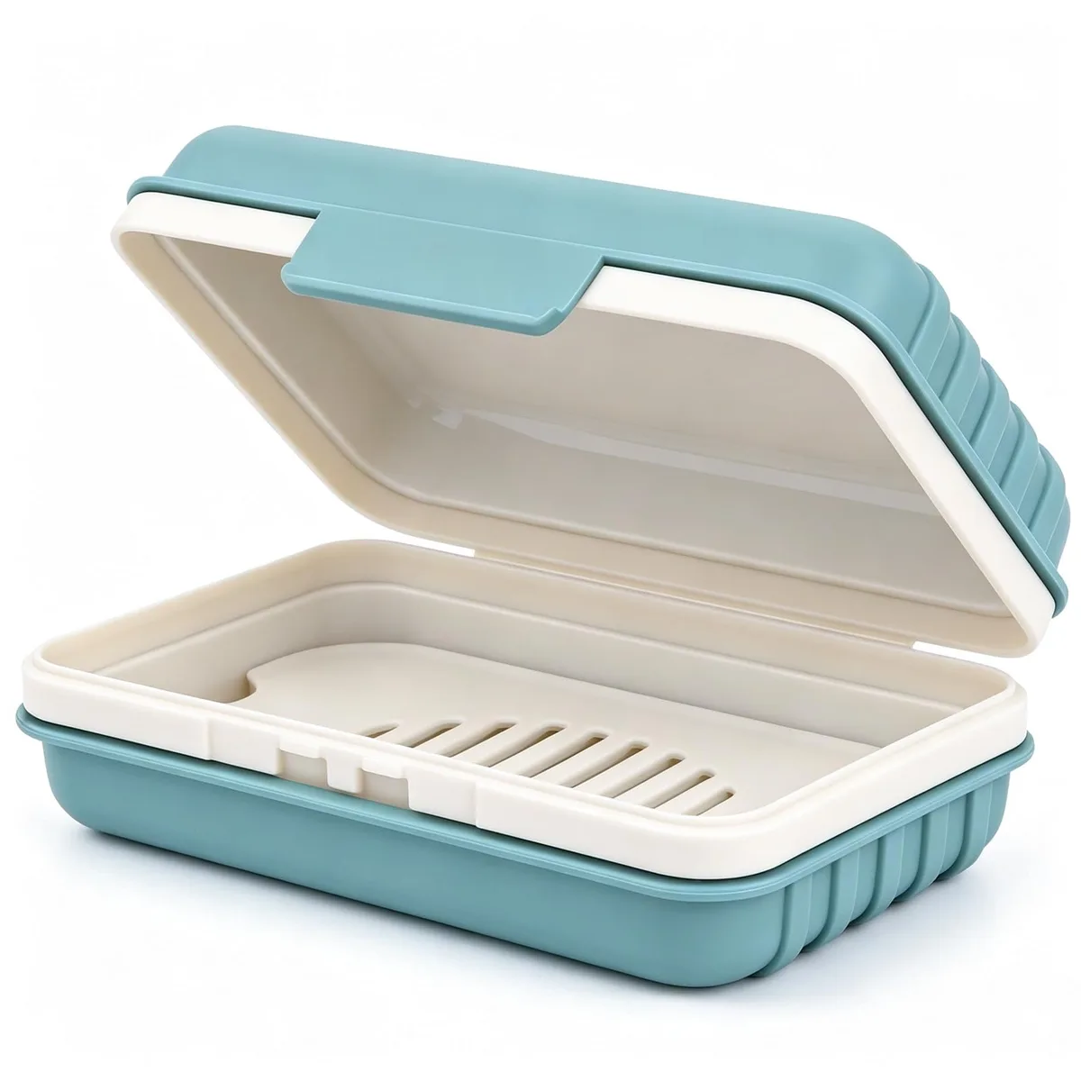 Rectangular hard-plastic soap case with lid and detachable draining tray, light finish