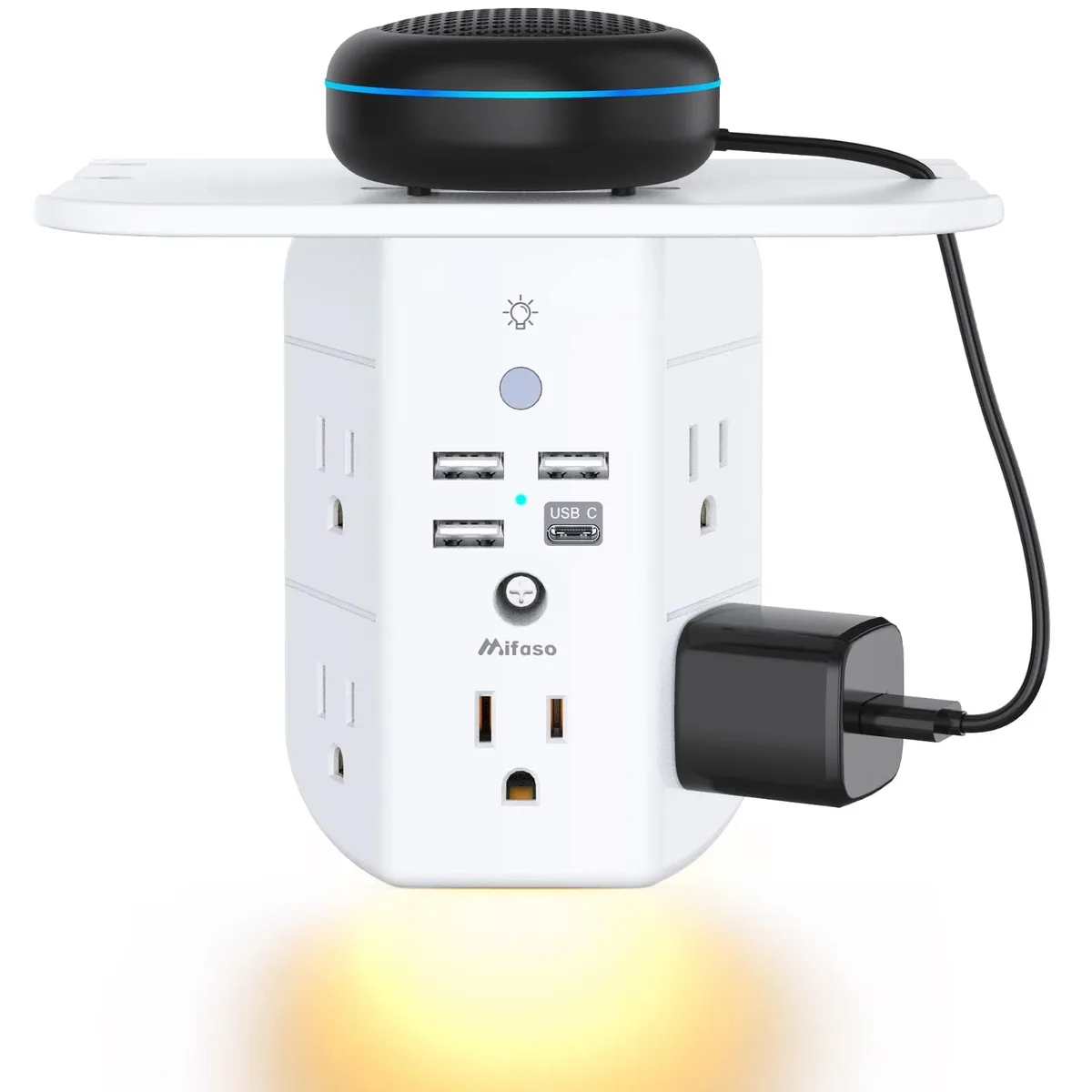  Mifaso Wall Outlet Extender 5 AC 3 USB-A 1 USB-C Shelf Night Light 15A — product photo