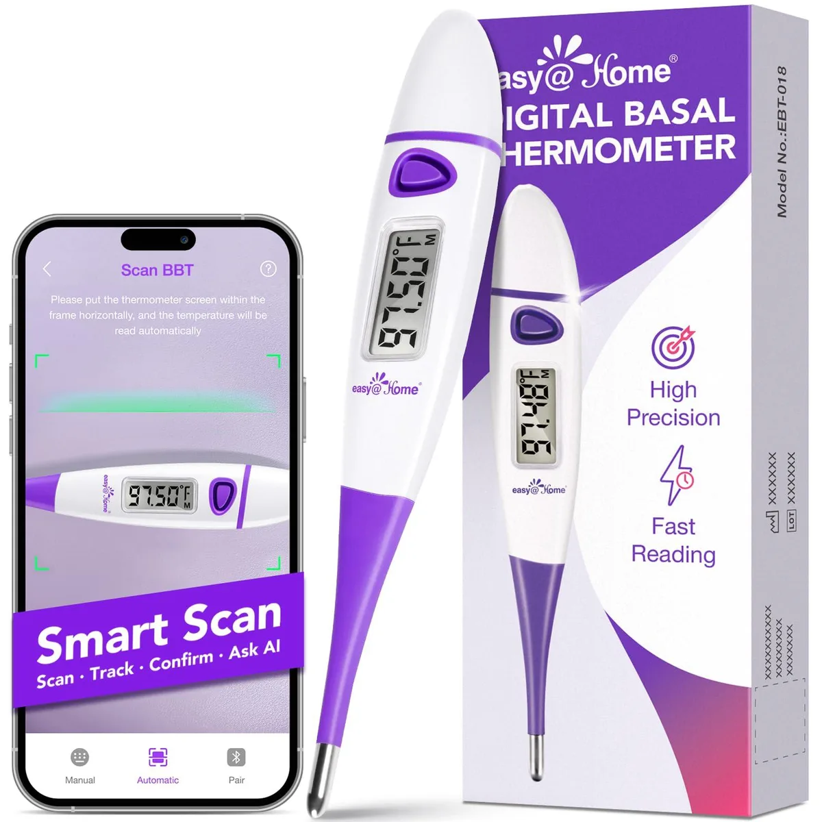 Purple digital basal thermometer with display and storage case