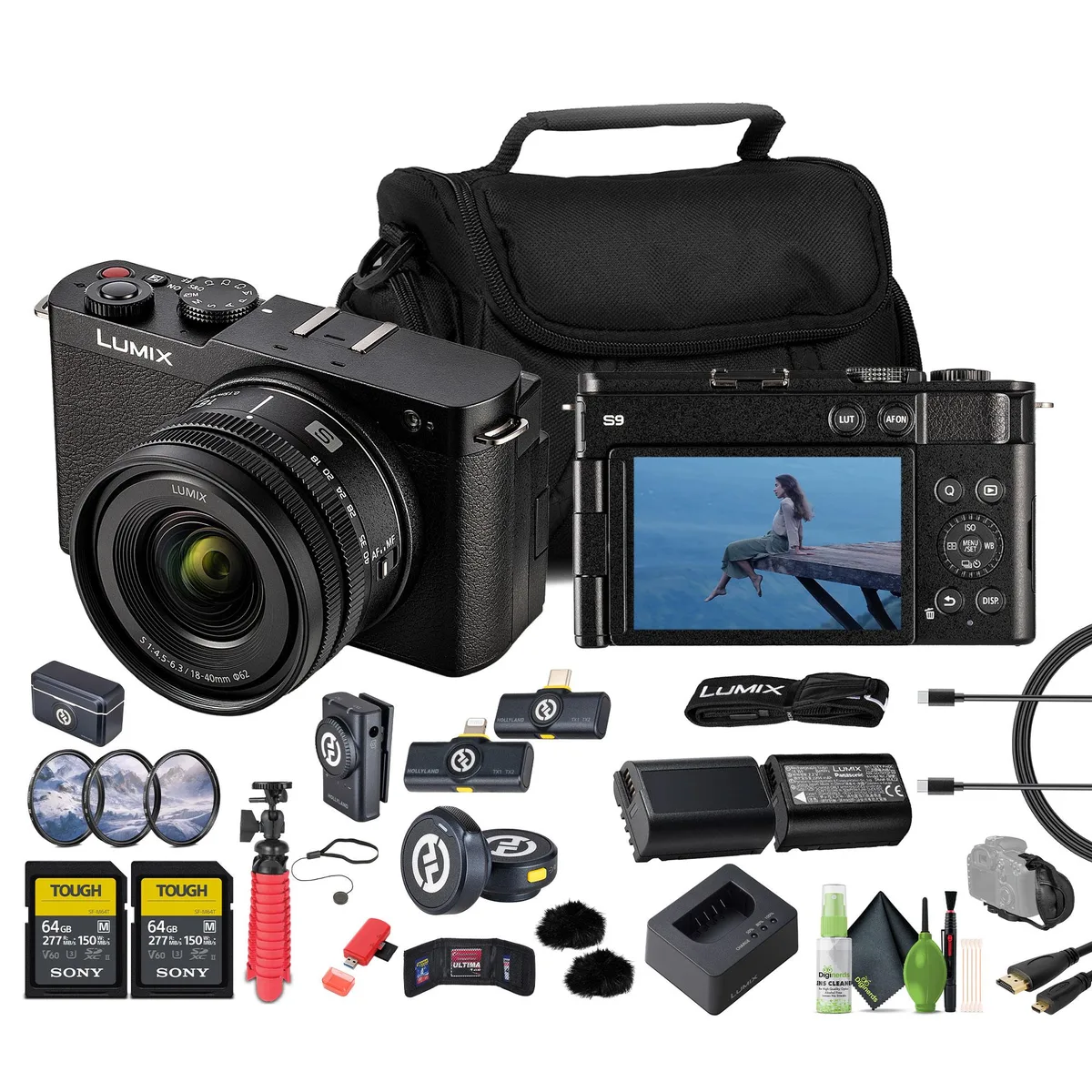 Panasonic Panasonic Lumix S9 18-40mm f/4.5-6.3 Kit with 2×64GB Card, Hollyland Lark M2 Duo, DMW-BLK22 Battery (Black) — product photo