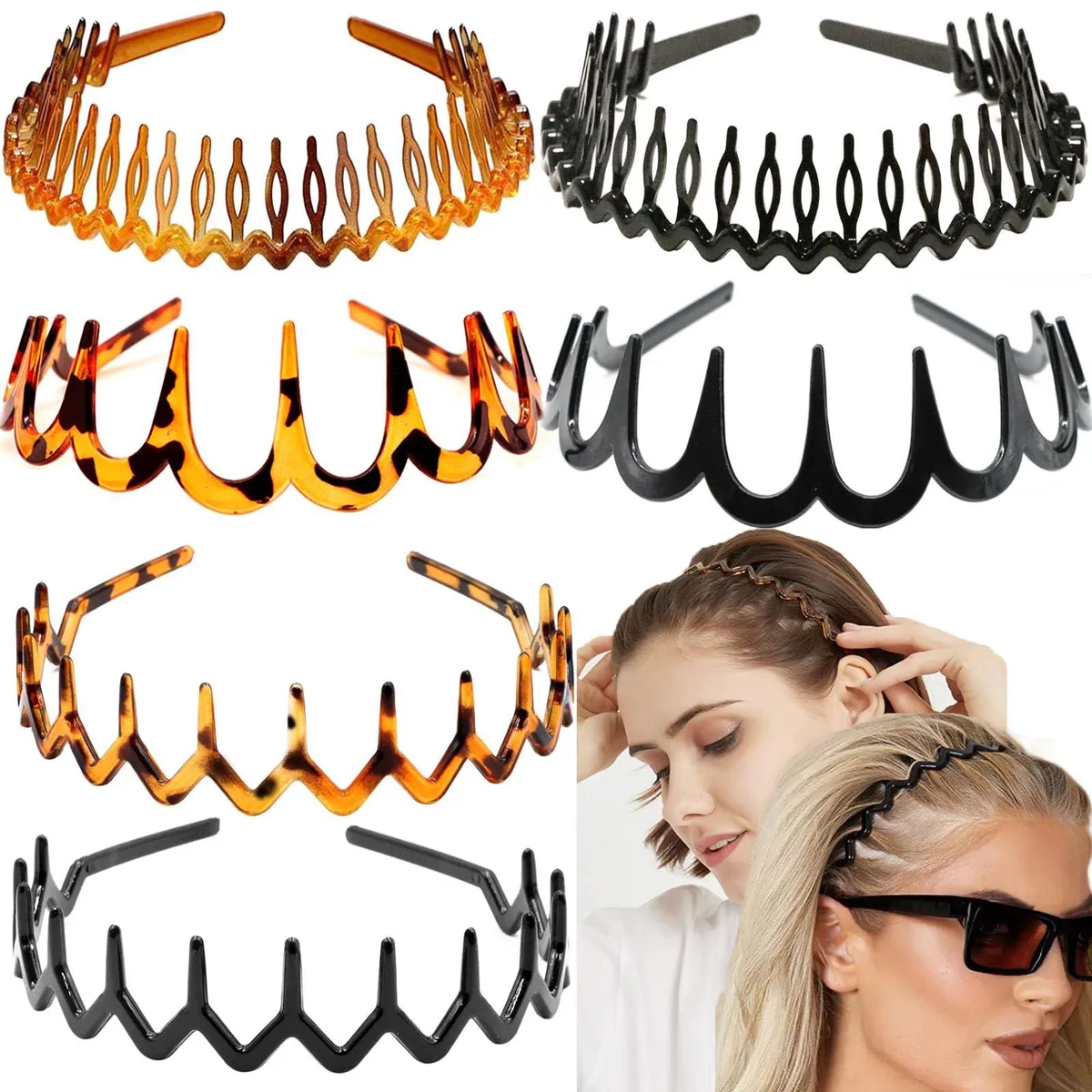 Six black plastic zig zag headbands with comb teeth lying flat