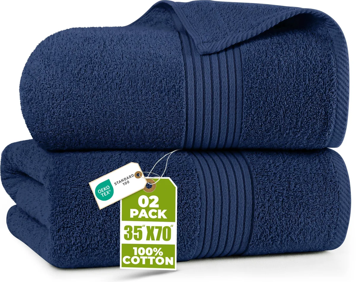 Two folded navy cotton bath sheets stacked together
