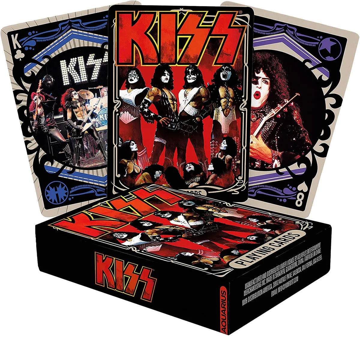 Standard playing card deck in tuck box, KISS band artwork on every card