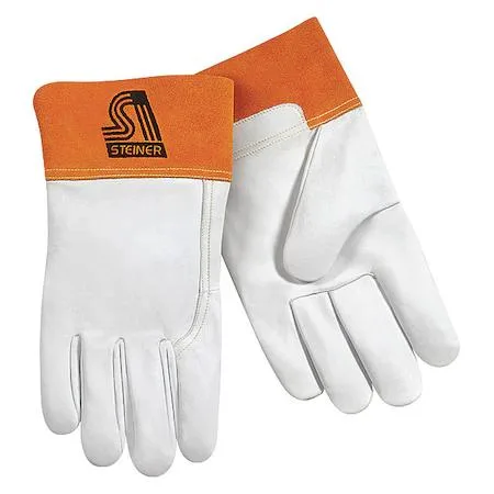 Pair of beige goatskin welding gloves with wing thumb and long safety cuffs