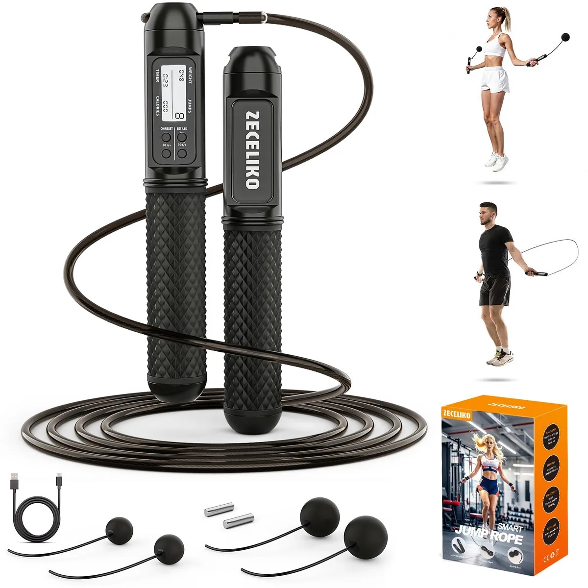 Orange smart jump rope with LED display handles, weighted cordless design, adjustable steel cable