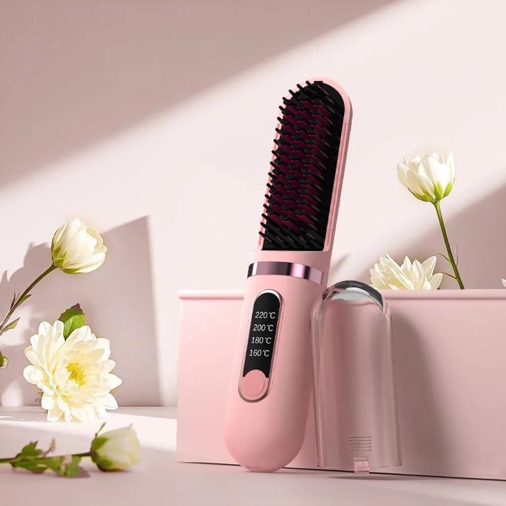  KTWMVWD Cordless Hair Straightener Brush 4500mAh 4 Heat Settings Pink — product photo