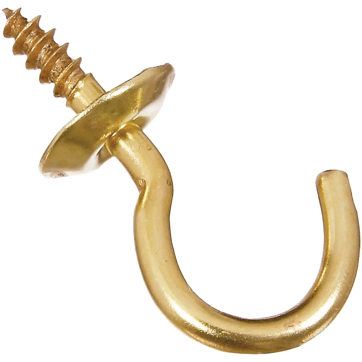 Five small solid brass cup hooks with sharp screw threads on a light background