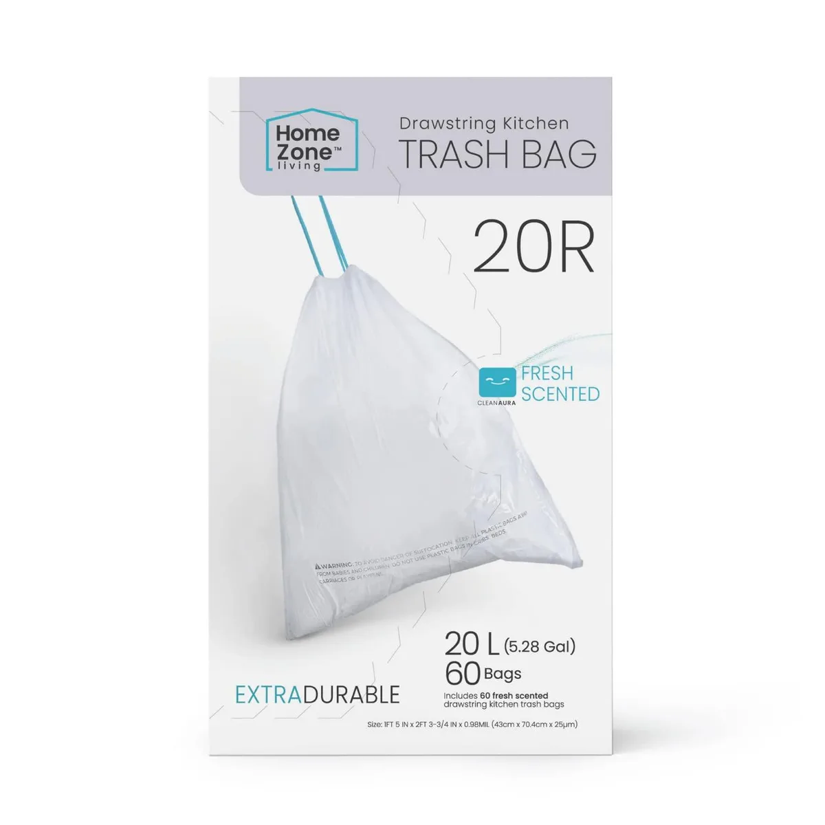 White plastic kitchen trash bags with drawstring handles, 60-count pack