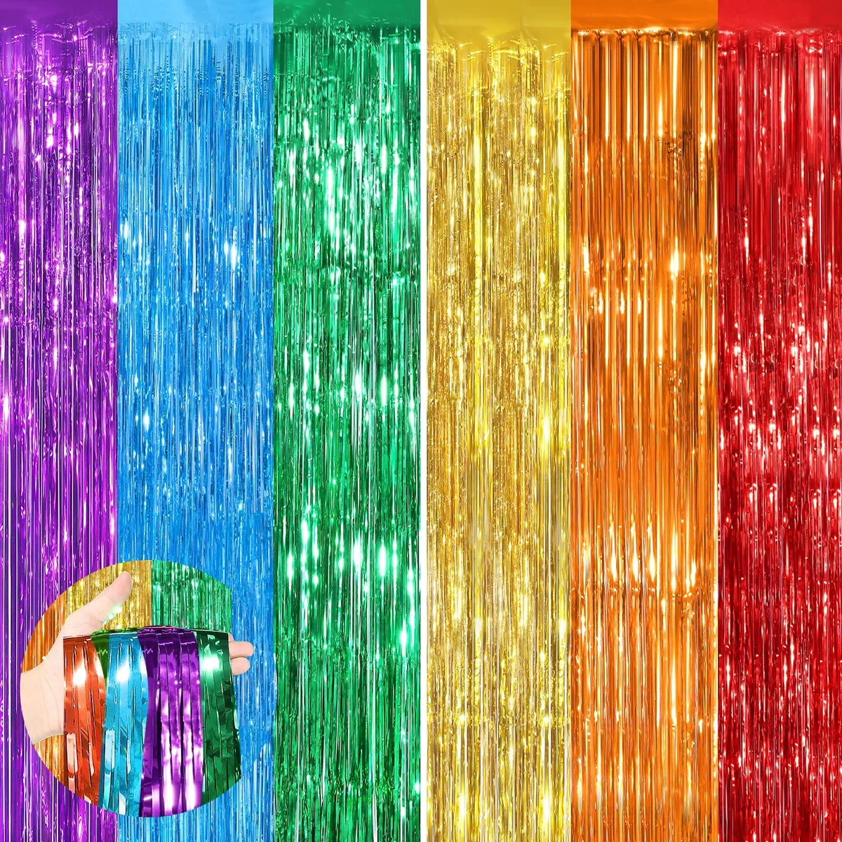 Two white foil fringe curtains with rainbow metallic shimmer, each 3.3 by 8.3 feet