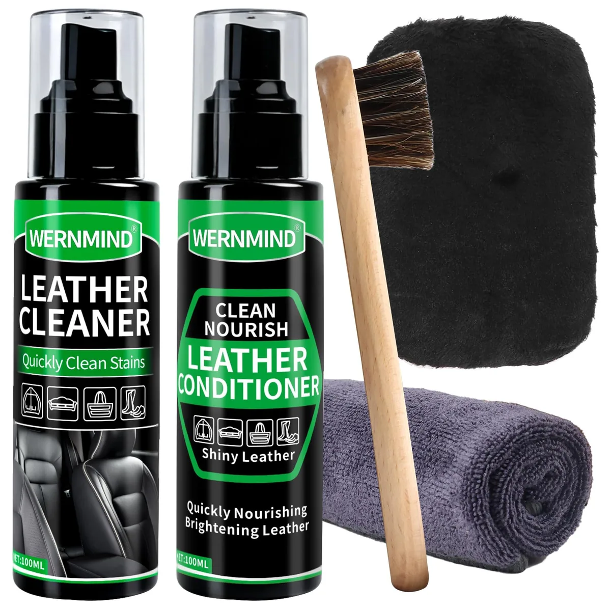 Clear spray bottles and polish tins in a leather care kit