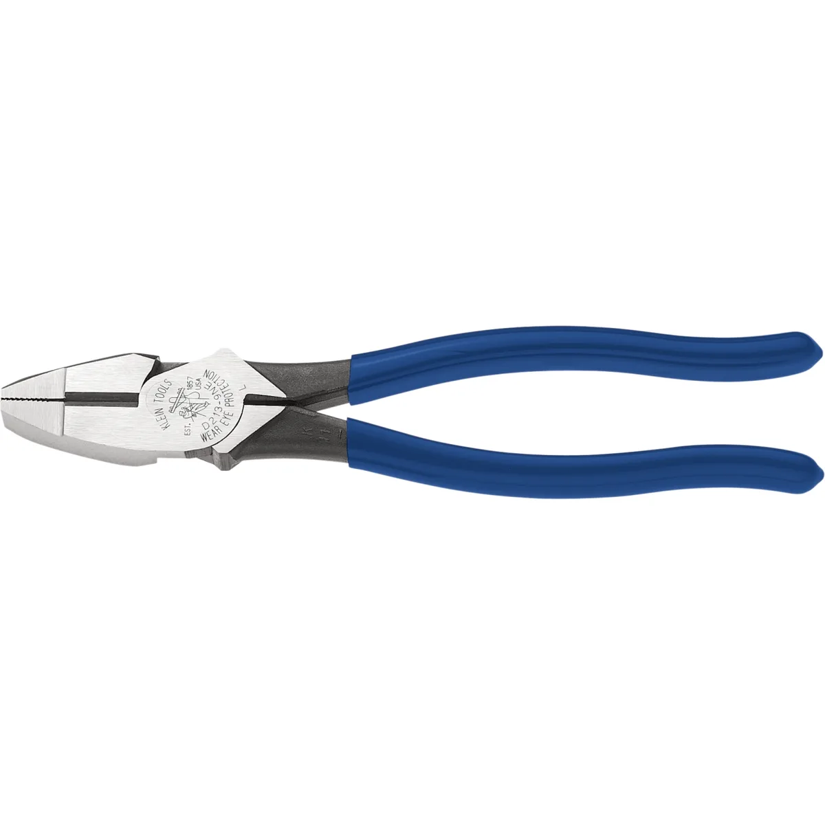 Blue-handled 9-inch high-leverage side-cutting pliers with knurled jaws