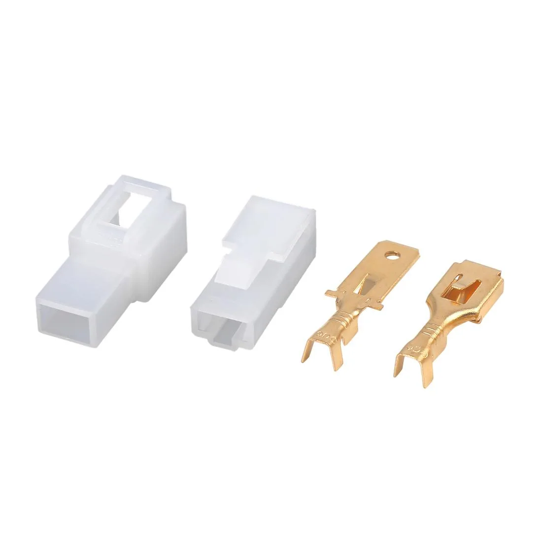 White nylon single-pin wire connector housings and brass terminals, four male and four female sets