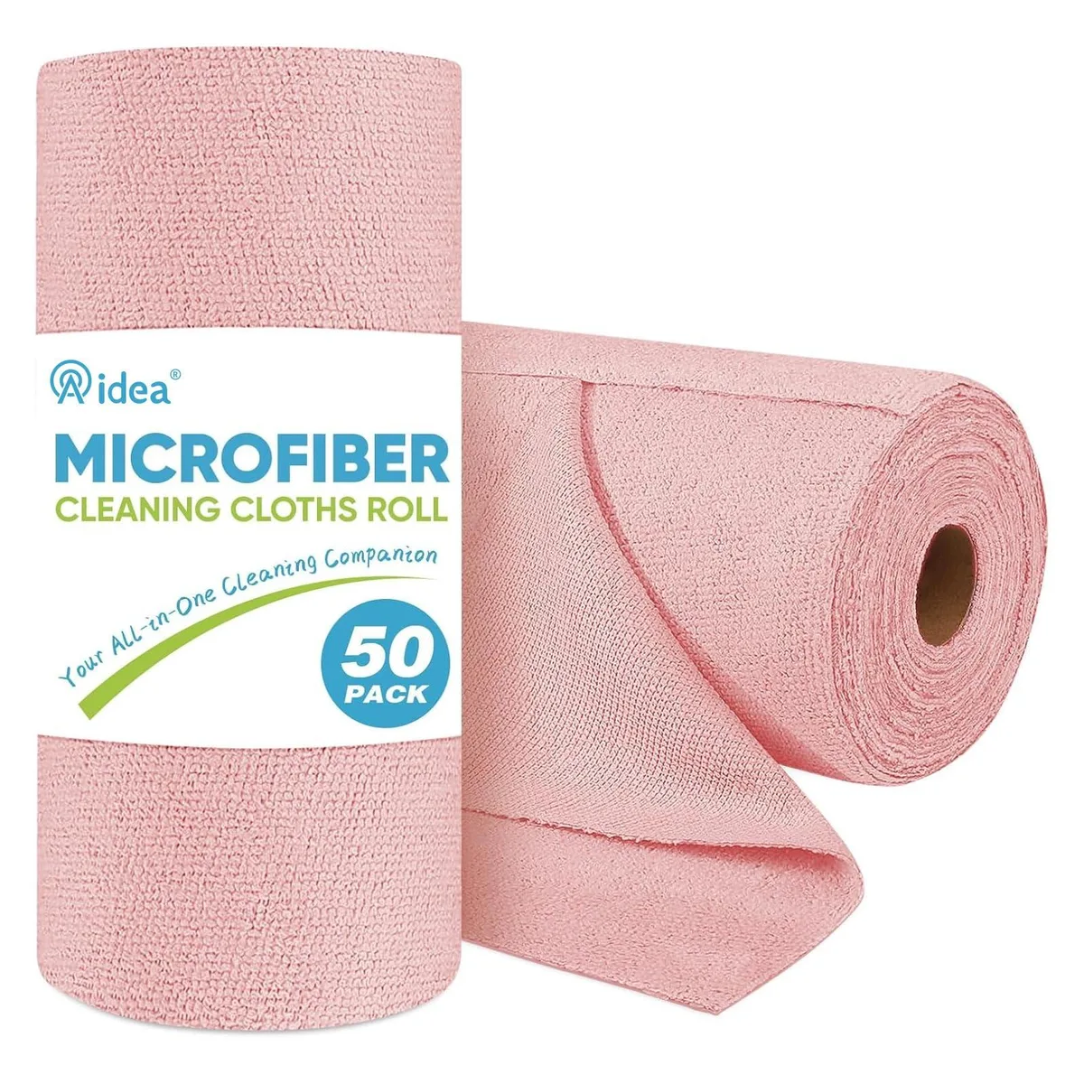 Roll of 50 pink microfiber cloths 11.5 inches square in tear-away packaging