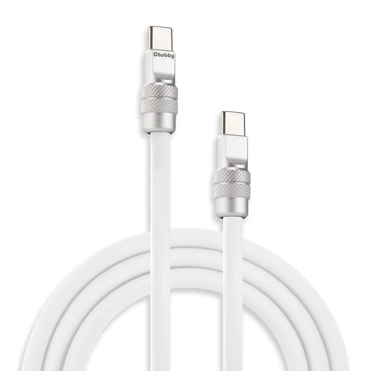 White USB-C to USB-C cable with thick silicone jacket and metal connectors