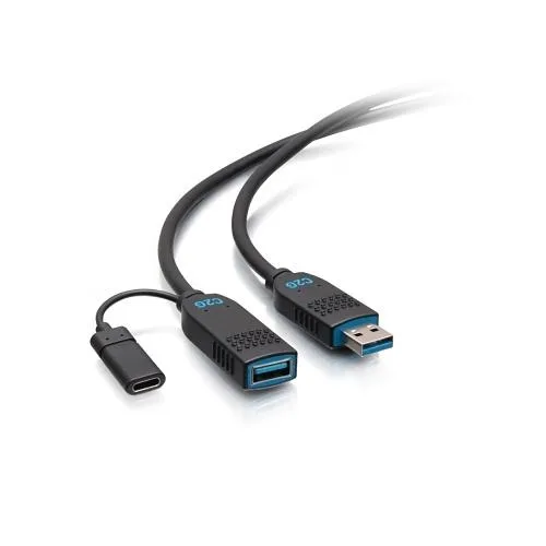 White 25 ft USB-A active optical cable with slim 0.35 in jacket and USB-C power pigtail