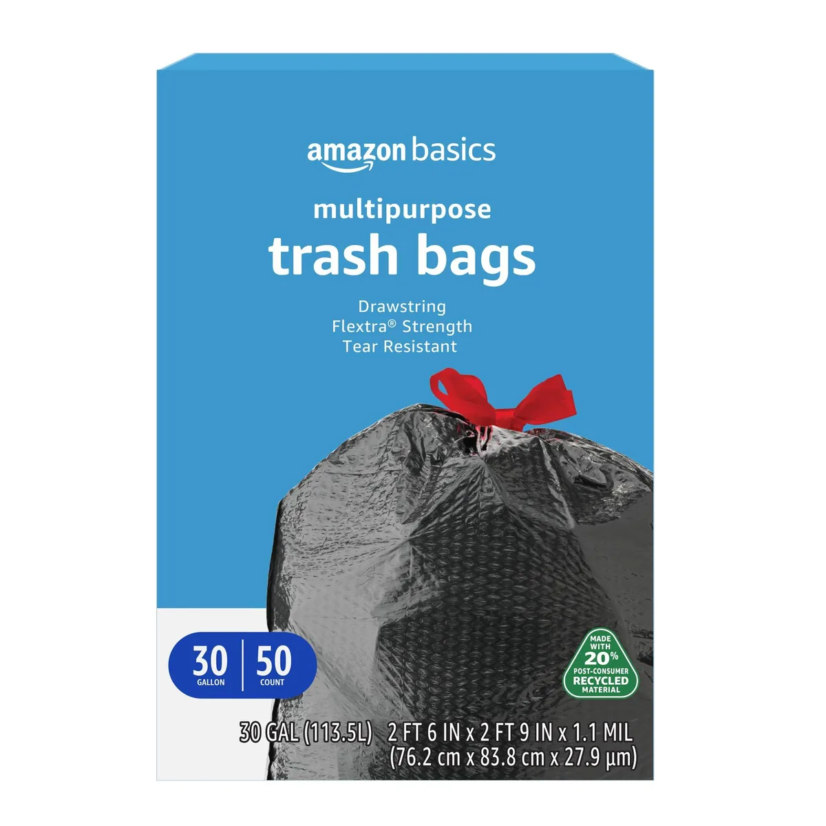 Cardboard carton containing 50 black 30-gallon drawstring trash bags
