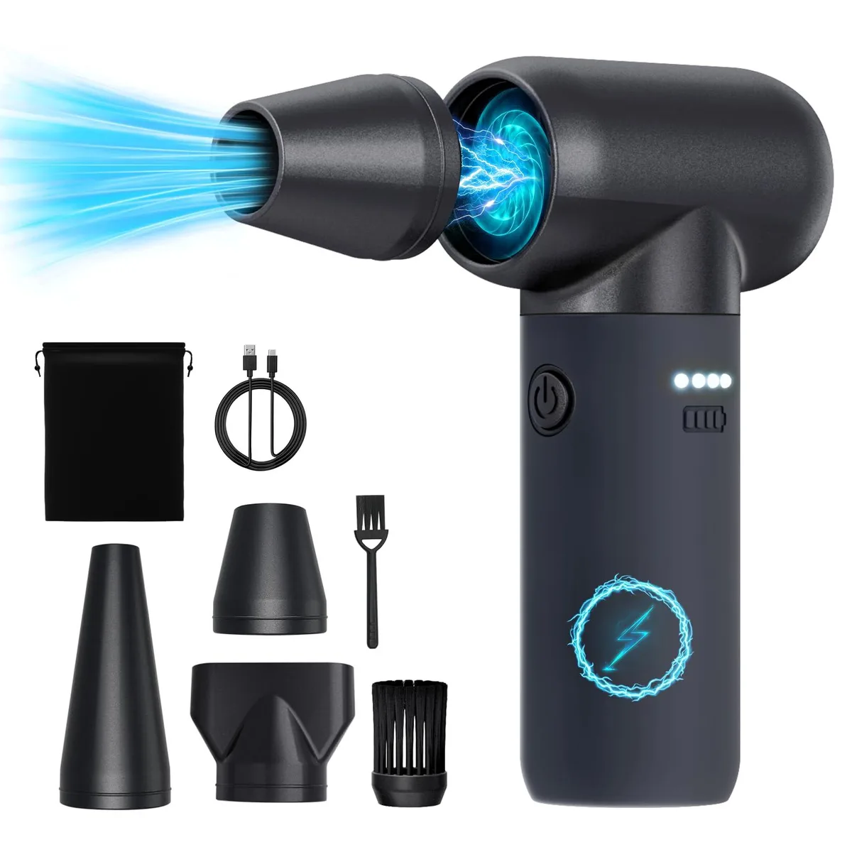 Black cordless electric air duster with nozzle attachments