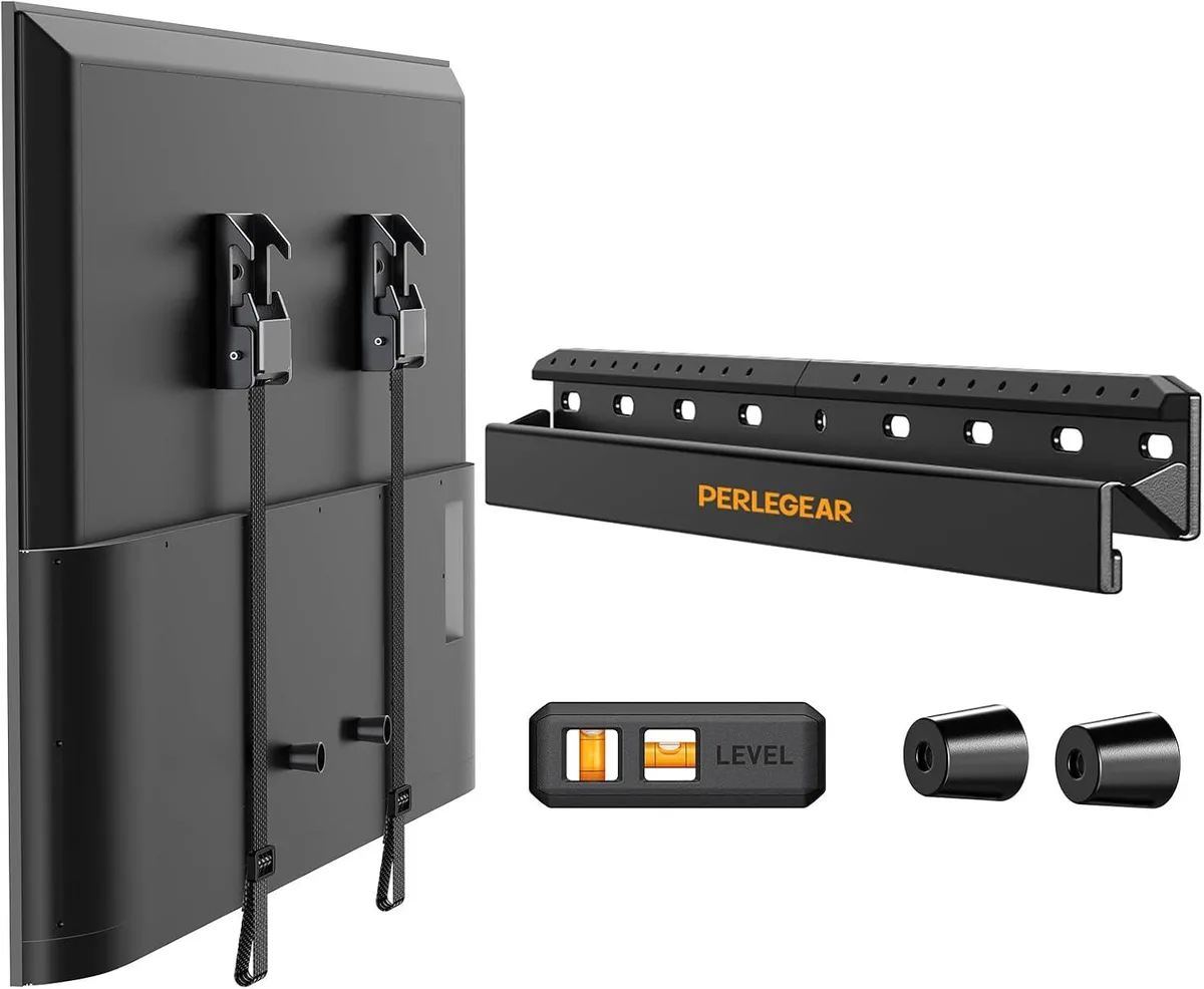 Black steel fixed TV wall mount with wide nail-fastened plate and pull-cord locks, low profile 1.12 inches from wall