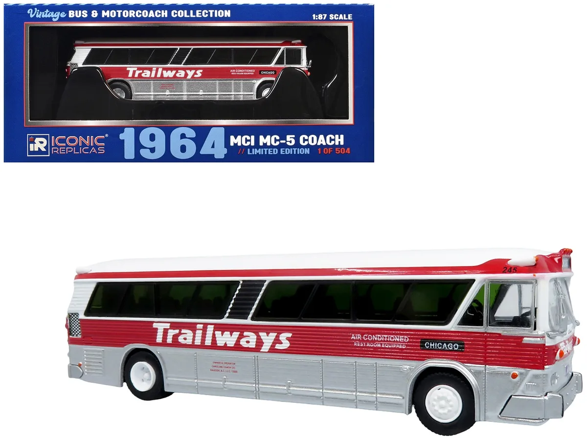 Iconic Replicas Iconic Replicas 1964 MCI MC-5A Coach Bus White Red Stripes 1/87 HO Limited 504 — product photo
