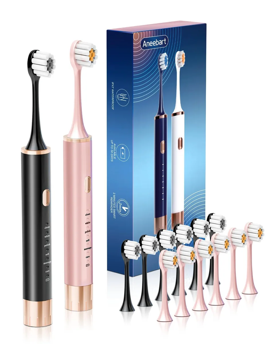 Two sonic toothbrushes, black and pink, with twelve brush heads