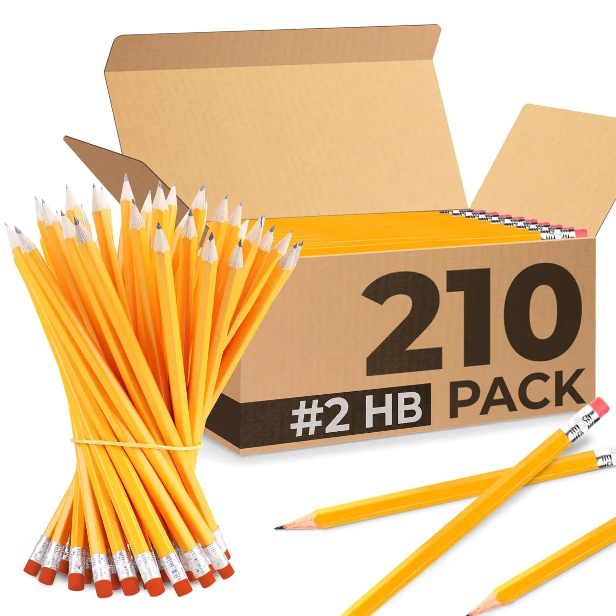Yellow hexagonal pencils with pink erasers in a bulk cardboard case