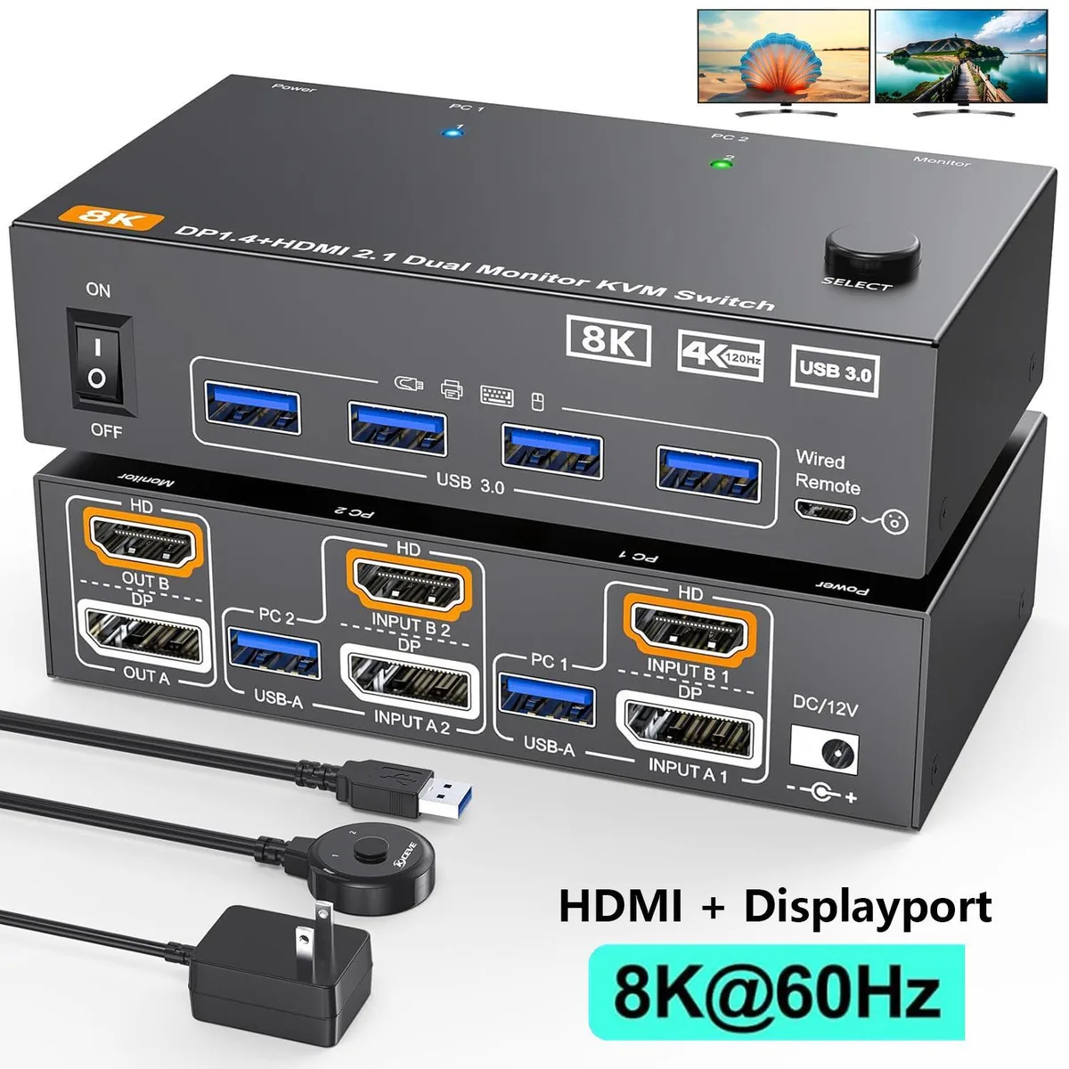 WRIARICH WRIARICH KVM8202DH KVM Switch 2 PC 2 Monitor 8K60 4K144 USB3.0 — product photo