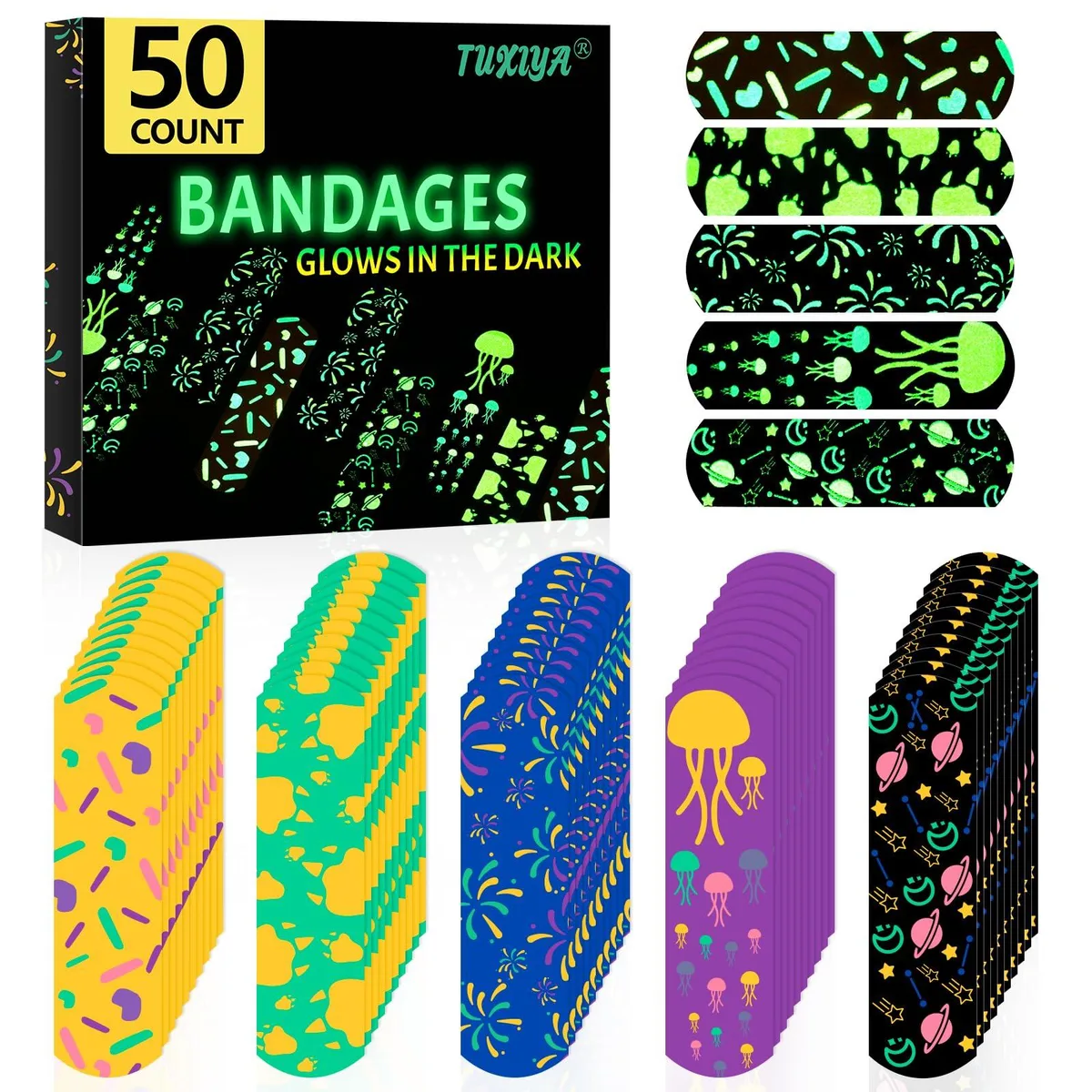  TUXIYA TU-CKT-50P 50 Count Glow-in-the-Dark Waterproof First Aid Bandages — product photo