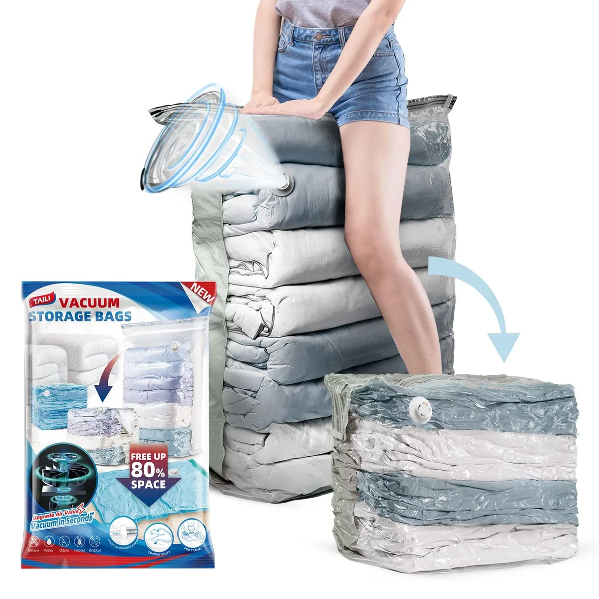 Cream rectangular vacuum storage bags shown flat with slider clips and air valves visible