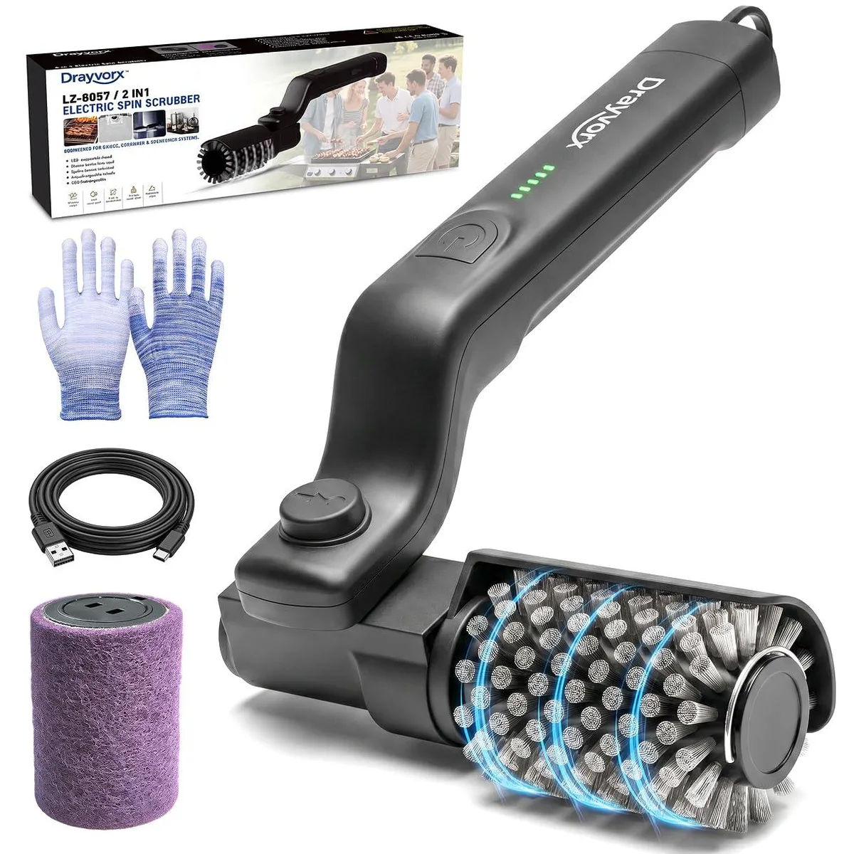White electric grill brush with rotating steel-bristle head, adjustable angle guard and Type-C charging port