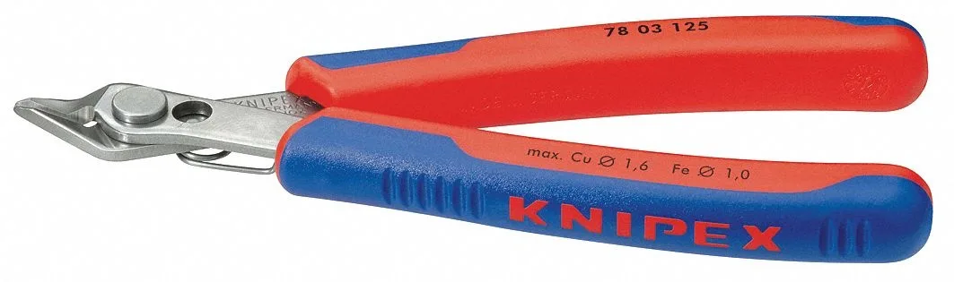 Small stainless steel diagonal cutting pliers with blue and red cushion grips and pointed nose