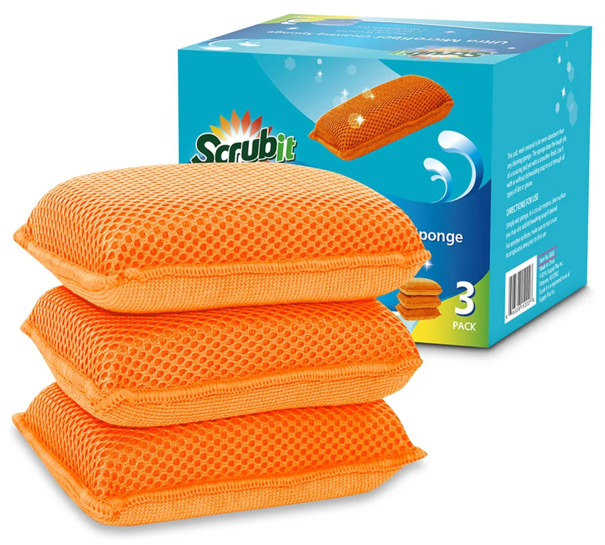 Orange microfiber cleaning sponge with open mesh texture