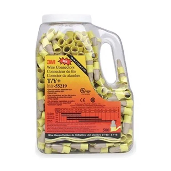 Plastic jug containing five hundred tan and yellow twist-on wire connectors with winged design