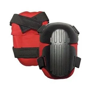 Black and red gel knee pads with hard plastic caps and two elastic hook-and-loop straps