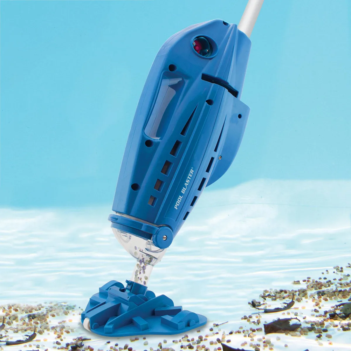 Blue handheld cordless pool vacuum with 10.5 inch head and debris chamber