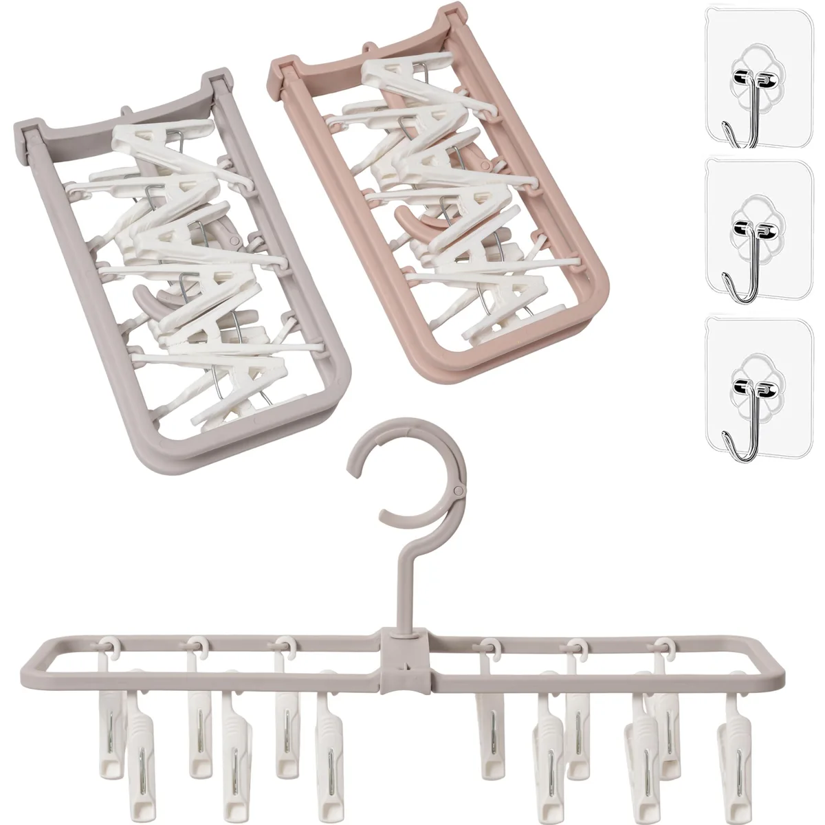 Two white plastic folding hangers with twelve clips and a rotatable hook plus three adhesive hooks