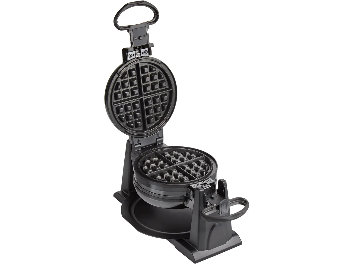 Black double round Belgian waffle maker with flip handle and indicator lights