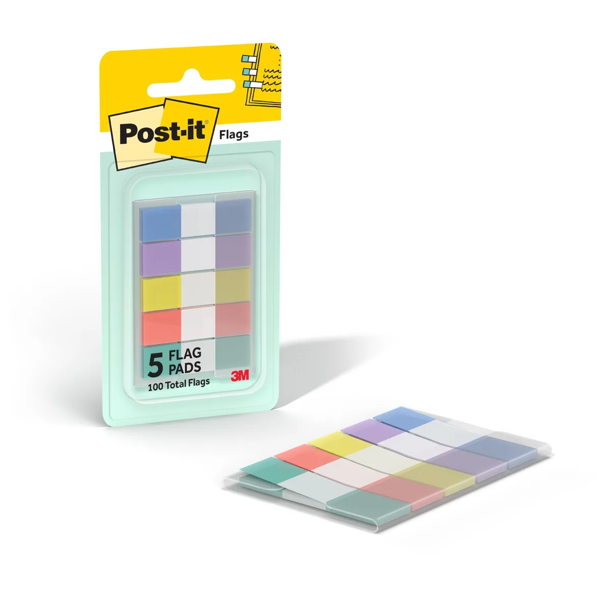 A clear plastic pop-up dispenser holding five pastel flag pads in blue purple yellow pink and green